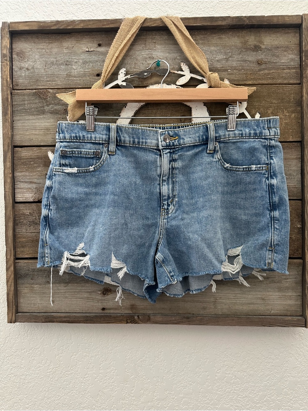 Aerie Women’s Distressed Denim Shorts Blue ladies size Large NWT